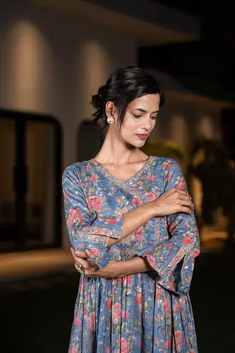  blue pure cotton beads and stones gathers angrakha dress