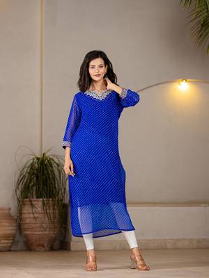  blue georgette lehriya kurta with cotton lining and embroidery 1