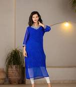  blue georgette lehriya kurta with cotton lining and embroidery