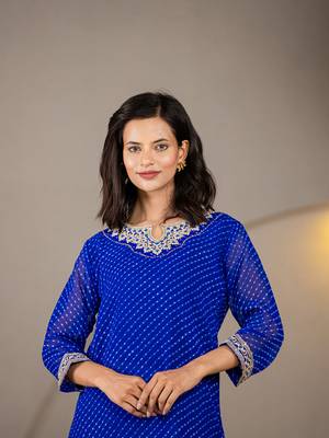  blue georgette lehriya kurta with cotton lining and embroidery 5