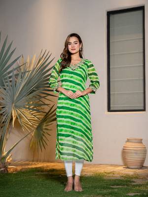  green georgette lehriya kurta with cotton lining and embroidery 1