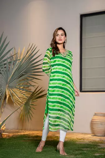  green georgette lehriya kurta with cotton lining and embroidery