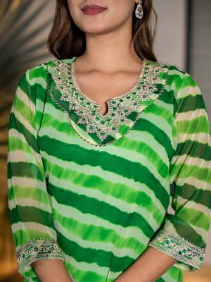  green georgette lehriya kurta with cotton lining and embroidery 4