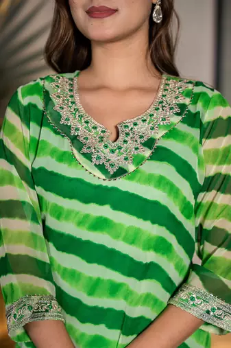  green georgette lehriya kurta with cotton lining and embroidery
