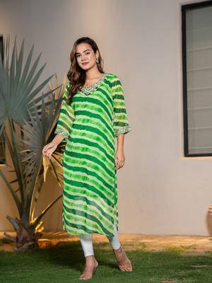  green georgette lehriya kurta with cotton lining and embroidery 5
