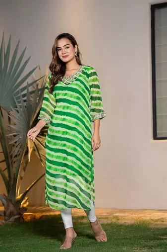  green georgette lehriya kurta with cotton lining and embroidery