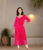  hot pink georgette lehriya kurta with cotton lining and embroidery