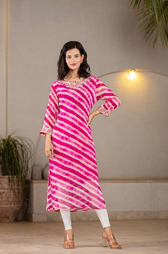  pink georgette lehriya kurta with cotton lining and embroidery