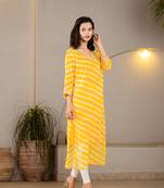  yellow georgette lehriya kurta with cotton lining and embroidery