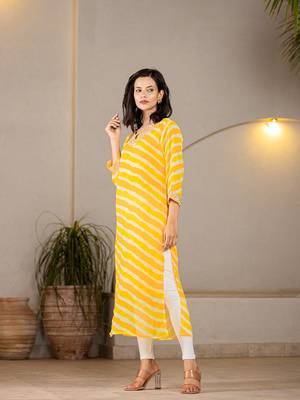  yellow georgette lehriya kurta with cotton lining and embroidery 2