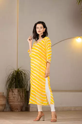  yellow georgette lehriya kurta with cotton lining and embroidery