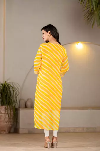  yellow georgette lehriya kurta with cotton lining and embroidery