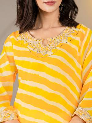  yellow georgette lehriya kurta with cotton lining and embroidery 4