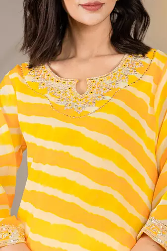  yellow georgette lehriya kurta with cotton lining and embroidery