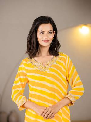 yellow georgette lehriya kurta with cotton lining and embroidery 5