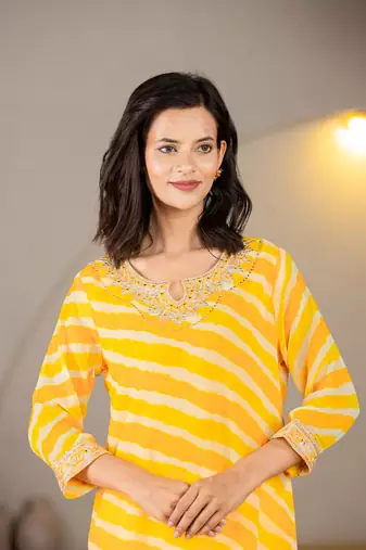  yellow georgette lehriya kurta with cotton lining and embroidery