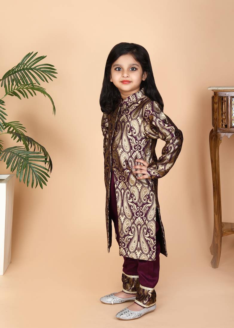 Wine brocade achkan wine paint