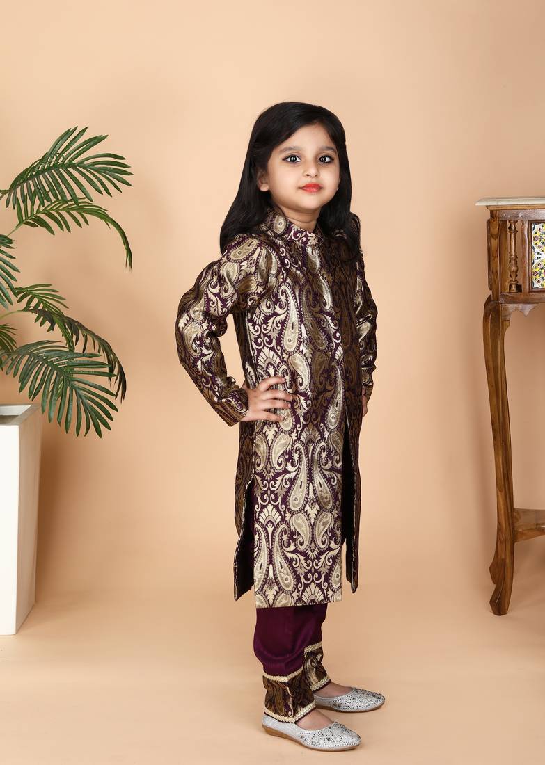 Wine brocade achkan wine paint