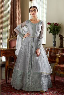 Grey Embroidered Net Semi Stitched Anarkali Lehenga Suit. Up To 42" Size 1