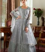 Grey Embroidered Net Semi Stitched Anarkali Lehenga Suit. Up To 42" Size