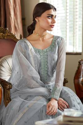 Grey Embroidered Net Semi Stitched Anarkali Lehenga Suit. Up To 42" Size 2