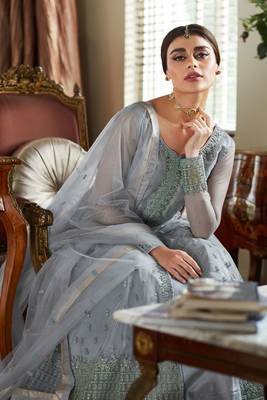 Grey Embroidered Net Semi Stitched Anarkali Lehenga Suit. Up To 42" Size 3