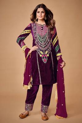 Wine Embroidered Georgette Free Size Stitched Gown. (Size Upto 42) Free size full stitched Up To 42" Size 1
