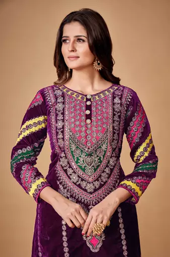 Wine Embroidered Georgette Free Size Stitched Gown. (Size Upto 42) Free size full stitched Up To 42" Size