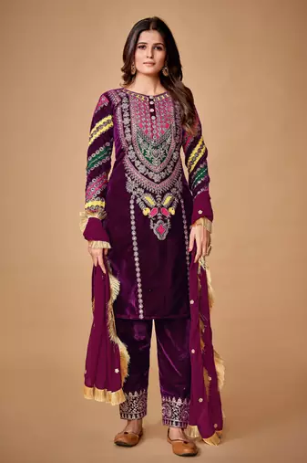 Wine Embroidered Georgette Free Size Stitched Gown. (Size Upto 42) Free size full stitched Up To 42" Size