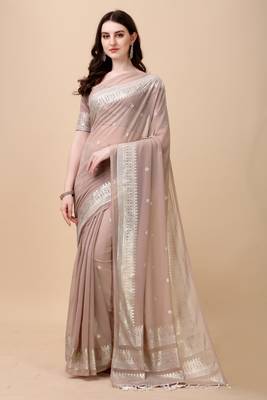 Coffee Brown And Silver Georgette Silk Blend Saree 1
