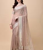 Coffee Brown And Silver Georgette Silk Blend Saree