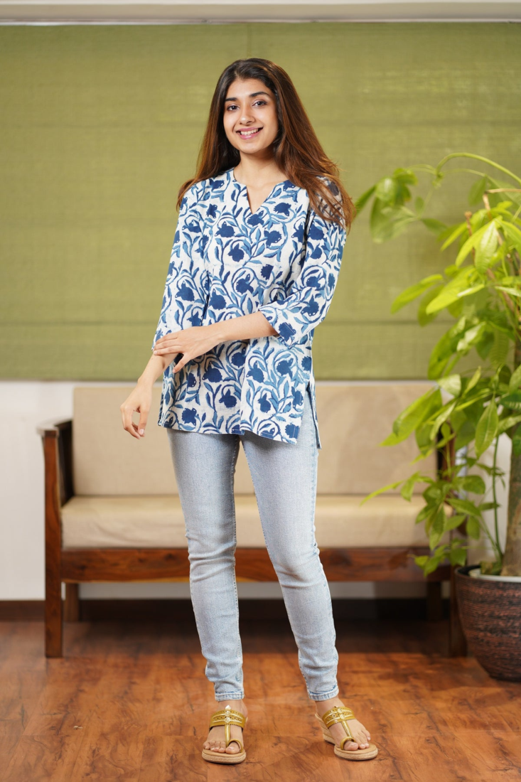 Darika Dabu Indigo Rayon Short Kurti Cum Top 