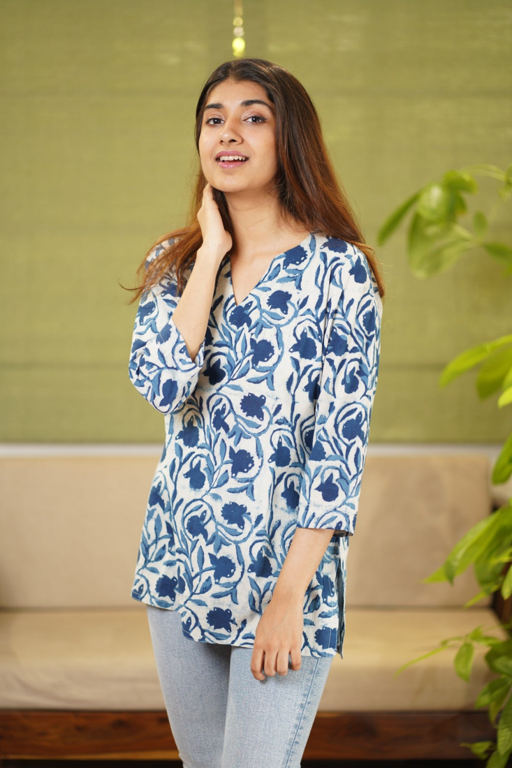 Darika Dabu Indigo Rayon Short Kurti Cum Top 