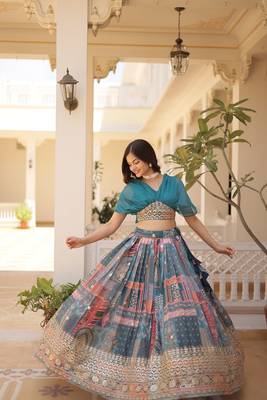 Rama color Art Silk Digital Print and Foil Embroidered Lehenga Choli 1