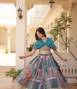 Rama color Art Silk Digital Print and Foil Embroidered Lehenga Choli