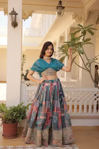 Rama color Art Silk Digital Print and Foil Embroidered Lehenga Choli