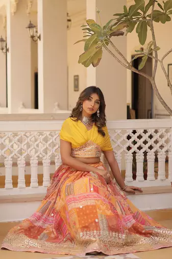 Yellow Art Silk Embroidered Digitally Printed Lehenga Choli
