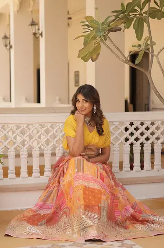 Yellow Art Silk Embroidered Digitally Printed Lehenga Choli