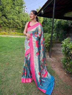 Denim Renuka Paithani style Golden zari silk bland border & contrust pallu Saree with Blouse 1