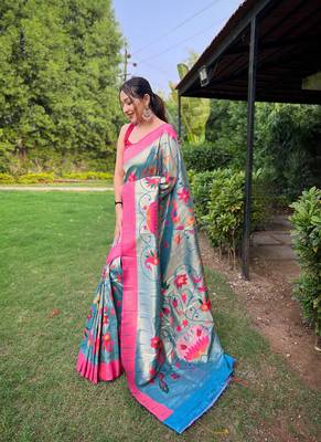 Denim Renuka Paithani style Golden zari silk bland border & contrust pallu Saree with Blouse 2