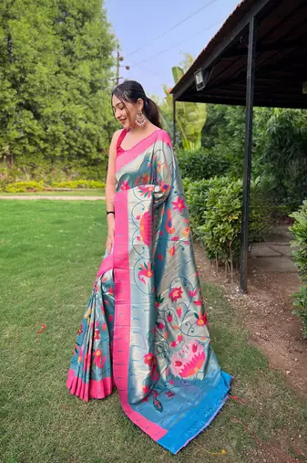 Denim Renuka Paithani style Golden zari silk bland border & contrust pallu Saree with Blouse