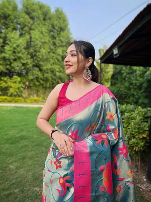 Denim Renuka Paithani style Golden zari silk bland border & contrust pallu Saree with Blouse 3