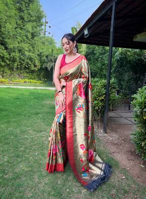 Black Renuka Paithani style Golden zari silk bland border & contrust pallu Saree with Blouse 1