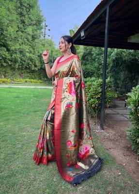 Black Renuka Paithani style Golden zari silk bland border & contrust pallu Saree with Blouse 2