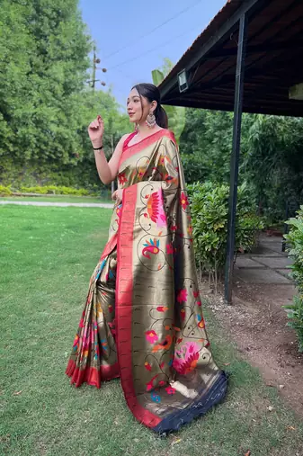 Black Renuka Paithani style Golden zari silk bland border & contrust pallu Saree with Blouse