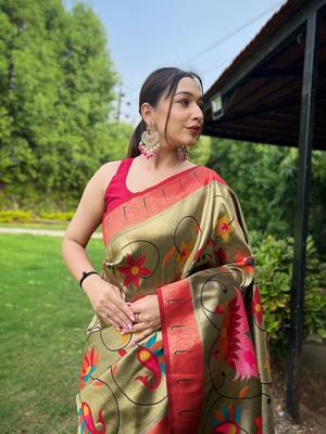 Black Renuka Paithani style Golden zari silk bland border & contrust pallu Saree with Blouse 3