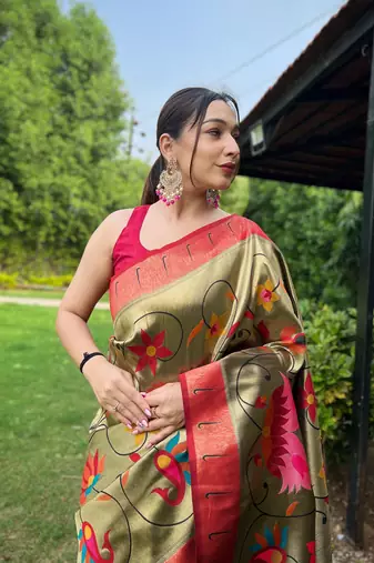 Black Renuka Paithani style Golden zari silk bland border & contrust pallu Saree with Blouse