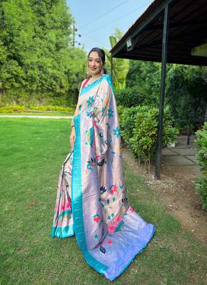 Lavander Renuka Paithani style Golden zari silk bland border & contrust pallu Saree with Blouse 2