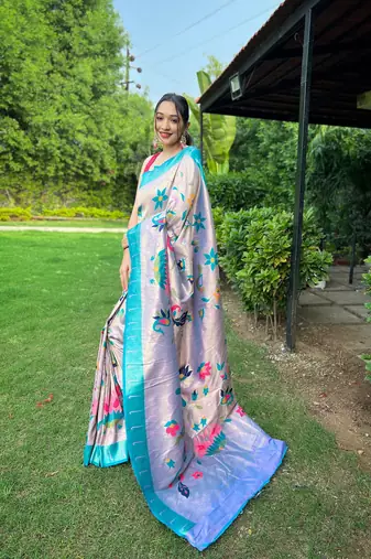 Lavander Renuka Paithani style Golden zari silk bland border & contrust pallu Saree with Blouse