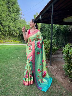 Green Renuka Paithani style Golden zari silk bland border & contrust pallu Saree with Blouse 1